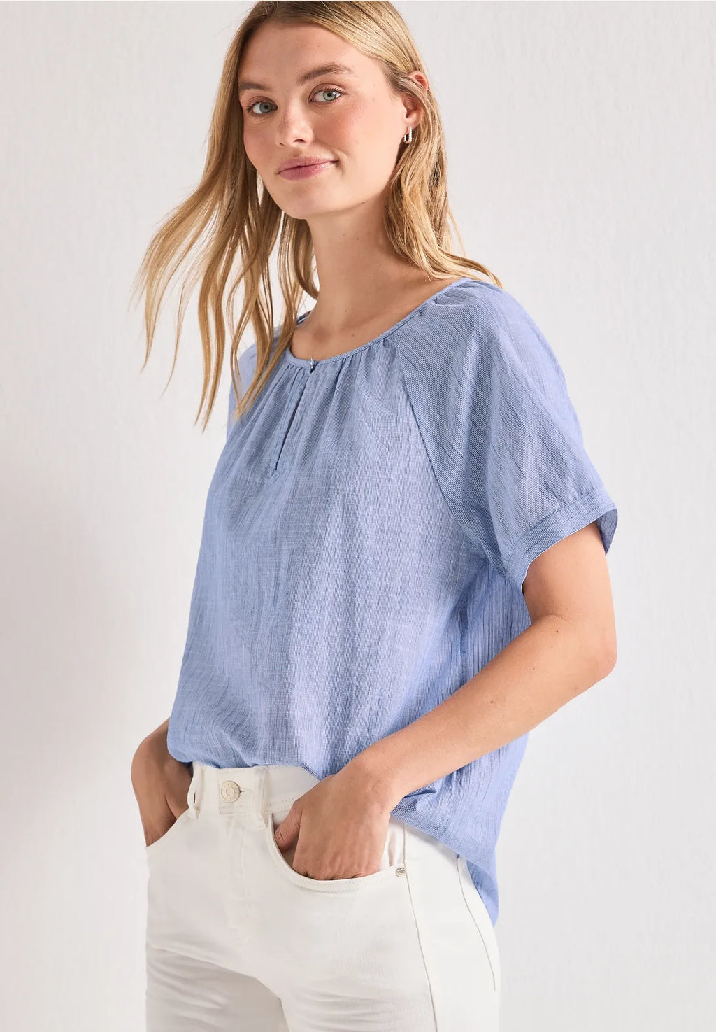 Street-One Chambray round neck blouse with cut out detail